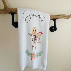 Personalised Beach Towel, Pick your Cute Girl, Great for Girly Holidays, Hen Parties, Spa Weekends or just to take on Hols