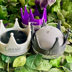 Peut inclure: Trois supports de haut-parleur décoratifs en forme de couronne. Les supports sont blancs, noirs et violets. Le support blanc porte le nom "Carrie". Le support noir porte le nom "Harry". Le support violet porte le nom "Lauren".