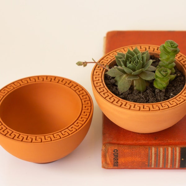Set of 2 Handmade Terracotta Planters With Greek Key Pattern for Succulent Cactus Small Plants, handmade ceramic planter succulents unique.