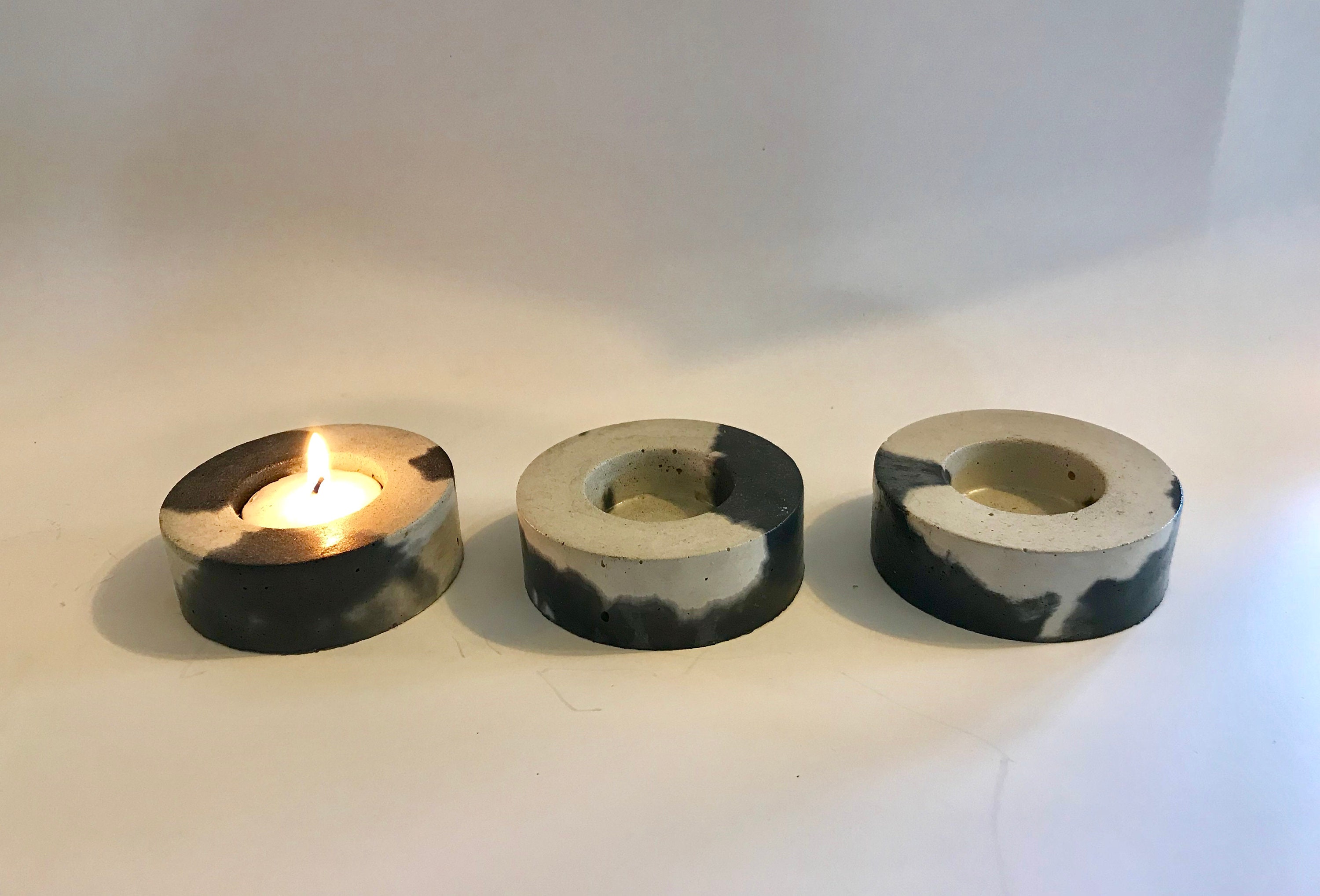 Set of Three Black and Gray Concrete Candle Holders Tea