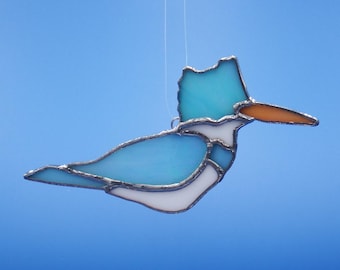 Blue Kingfisher Stained Glass Suncatcher, Shore Bird wildlife glass window Art