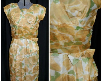Vintage 50's 60's Floral Sheath Dress / Watercolor Chiffon / Size XS-SM / Peblum Style, Metal Zipper / ILGWU Label