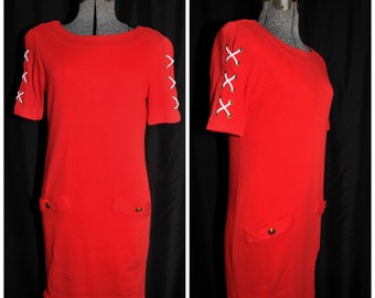 VTG 80's Red Secretary Sheath Dress / Shoelace Sleeve / Size XS / Nautical Holiday Patriotic Red / Soft Jersey, Stefan Fashions