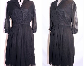 Vintage 50's 60's / Black Chiffon Pleated Day Party Dress / Illusion Sleeves / Alexander's of California / S-M