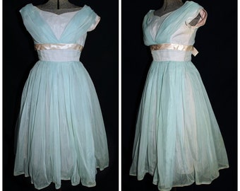 Vintage 50's / Pale Blue Chiffon & Petal Pink Satin Prom Party Dress / XS / Tulle Petticoat