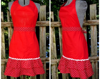 Vintage Full Bib Stiff Cotton Apron / Holiday Red Polka Dot Print / by Sandra Lee / Farmcore