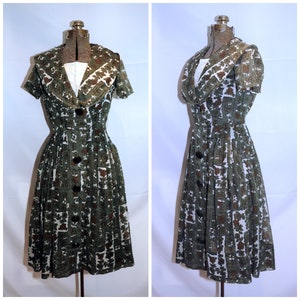 Vintage 50&#39;s 60&#39;s / Spector & Shanler Olive Floral Cotton Illusion Day Dress / XS-S