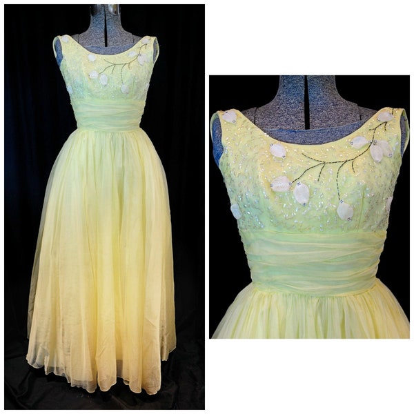 Vintage 50's / Sun Yellow Organza PROM Formal Gown / XXS-XS / Sequined Bodice, Back Metal Zip