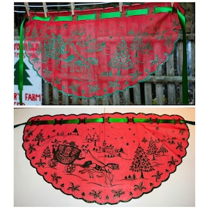 VTG 50s / Christmas Red Illusion Hostess Half Apron / Green Glitter Horses & Carriage