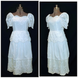 VTG 60&#39;s / White Cotton & Lace BoHo Dress / Wedding Prom / Sweetheart Neckline / XXS-XS