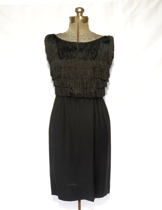 Vintage 50's / Sexy Black Crepe & Fringe Sleevele… - image 3