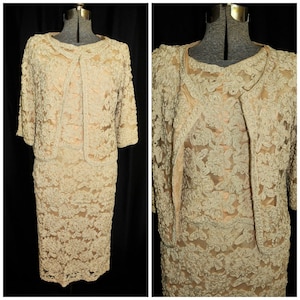 Vintage 50&#39;s 60&#39;s Ivory Gold Ribbon Lace Dress & Matching Jacket / Size XS / Wedding Mother of the Bride, Formal Party