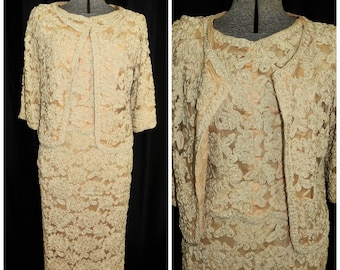 Vintage 50's 60's Ivory Gold Ribbon Lace Dress & Matching Jacket / Size XS / Wedding Mother of the Bride, Formal Party