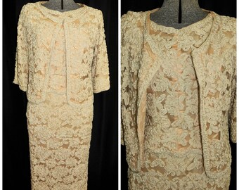 Vintage 50's 60's Ivory Gold Ribbon Lace Dress & Matching Jacket / Size XS / Wedding Mother of the Bride, Formal Party