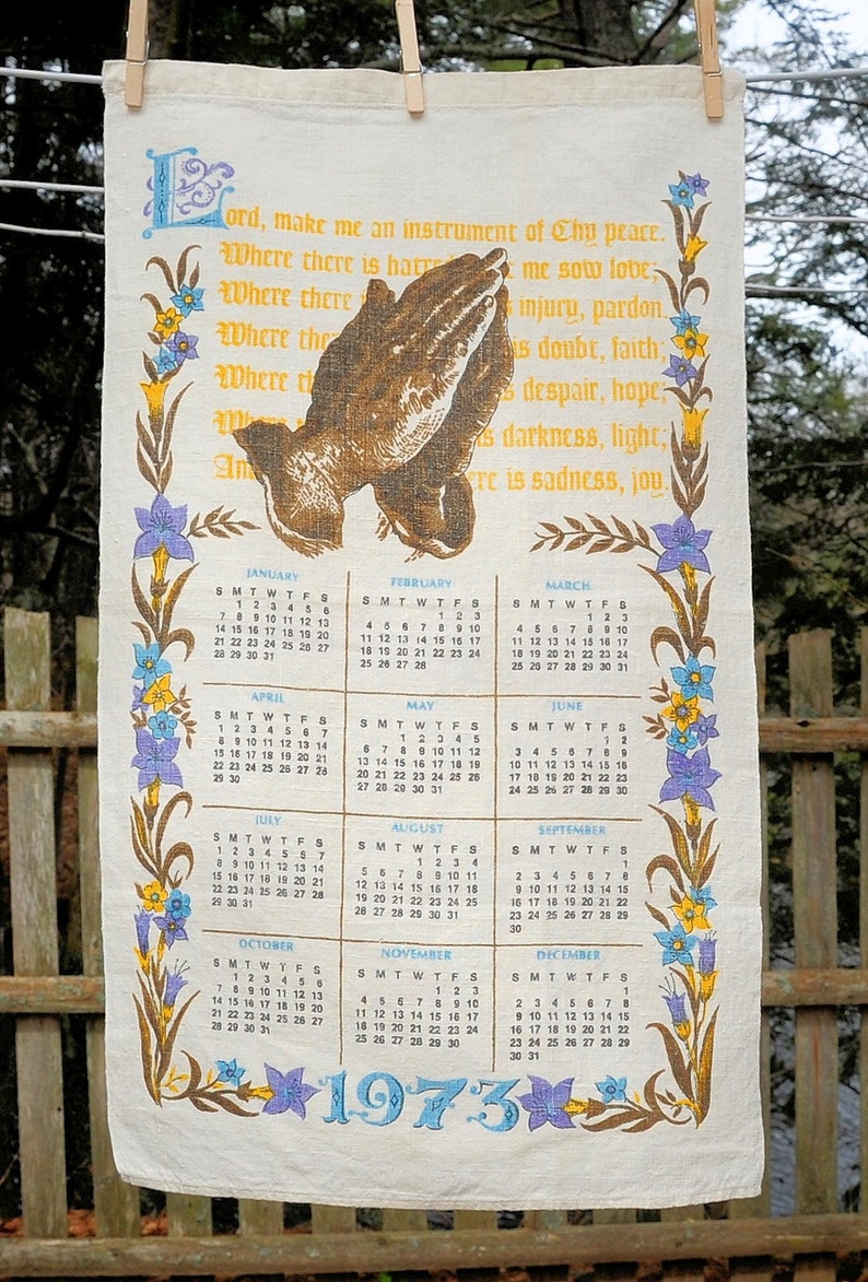 VTG 1973 /'Instrument of Peace/' Prayer Calendar Tea Towel Anniversary Birthday Gift Religious