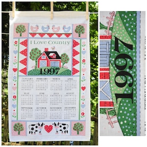 Vintage 1997 / &#39;I Love Country&#39; Calendar Tea Towel / Farmcore / Barn Cows Chickens