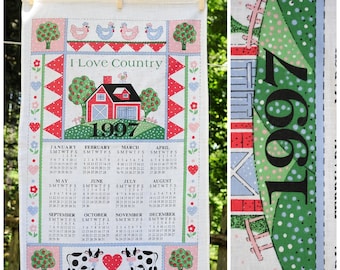 Vintage 1997 / &#39;I Love Country&#39; Calendar Tea Towel / Farmcore / Barn Cows Chickens