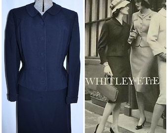 Vintage 50's Navy Blue Wool Suit by Whitley-ette / Navy Blue Wool, Fitted Jacket, Metal Zipper, Fit-Flare / Size Medium