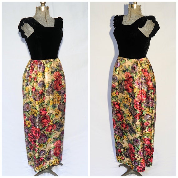 Vintage 60's / Black Velvet & Bold Floral Damask … - image 4