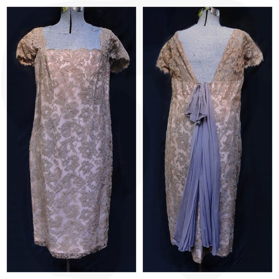 Vintage 60s / Taupe Lace Illusion Over Peach Taff… - image 1