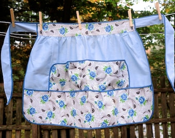 Vintage 50's / Blue Cabbage Rose Fancy Cotton Hostess Half Apron / with Floral Pockets