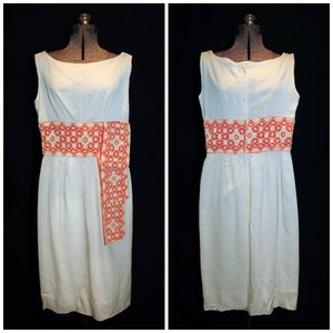 Vintage 60&#39;s / Ivory Linen Sleeveless Sheath Dress / Orange & Lace Waist Detail / XXS / Phyllis De Trans for Georgette
