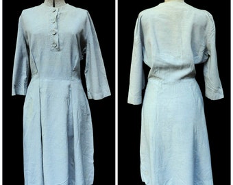 Vintage 50's / Carol Brent / Green Silk Poplin Day Dress / Fit Flare with Pleats / Rare L-XL