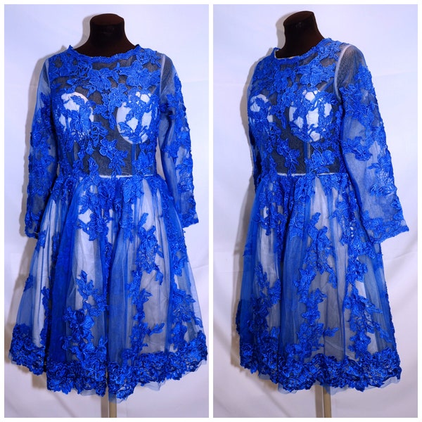Vintage 80's / See-Through Party Dress / Royal Blue Floral Embroidery / Fit Flare Style / S-M
