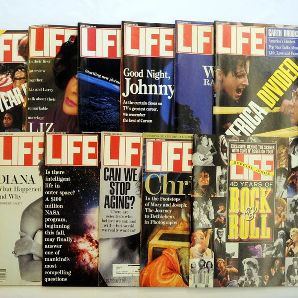 Vintage 1992 LIFE Magazines You CHOOSE Jan-Dec Liz Taylor Johnny Carson Diana, If Woman Ran US, Rock & Roll at 40, 1992 Birthday Anniversary