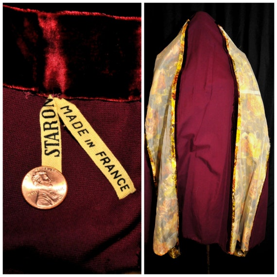 VTG 60's 70's / Burgandy Velvet Floral Maxi Wrap … - image 5