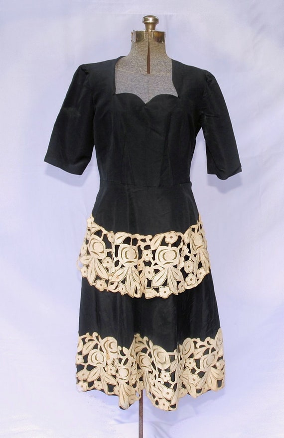Vintage 40's 50's / Black Fit Flare Party Dress I… - image 2