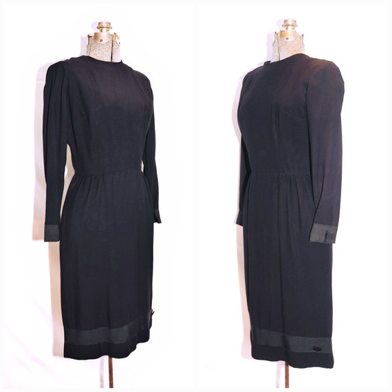 Vintage 50's 60's / Black Crepe Day Dress / Grosg… - image 4
