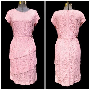 Vintage 50&#39;s 60&#39;s / Pink Diagonal Layered Lace Sheath Dress / Party Prom / MED / Cap Sleeve