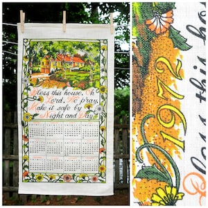 VTG 1972 Linen Calendar Tea Towel / &#39;Bless This House&#39; Prayer / Yellow House Design / Birthday Anniversary Gift