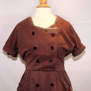 Vintage 1960's / Helen Whiting Brown Wool Day Dress / Button Front / XS-S / Swiss Miss Style image 3