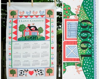 VTG 1999 / Calendar Tea Towel / 'I Love Country' Barn & Cows / Anniversary Birthday Gift