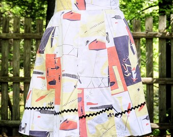 Vintage 50's 60's / MOD Print Paneled Hostess Cotton Apron / Ric Rack Trim / Short Ties