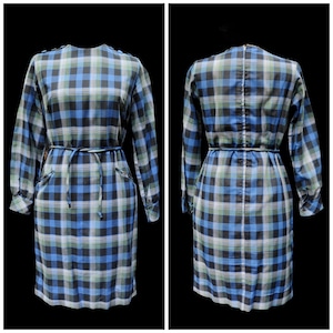 Vintage 50's 60's / Blue Cotton 'Dress Gordon' Plaid Shift Day Dress / Cord Belt / S-M