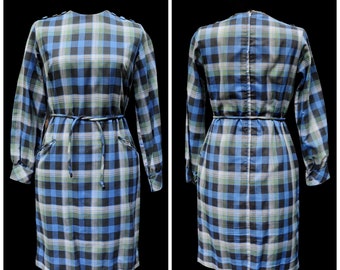 Vintage 50's 60's / Blue Cotton 'Dress Gordon' Plaid Shift Day Dress / Cord Belt / S-M