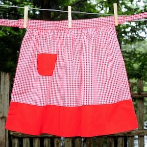 Vintage 60&#39;s / Holiday Red Gingham Check with Wide Red Hem / Cotton Hostess Half Apron