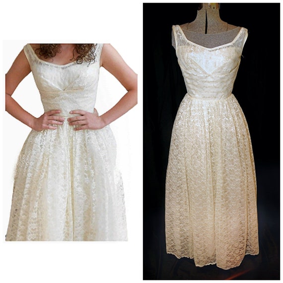 VTG 50's / Ivory Floral Lace Prom Formal Wedding … - image 6