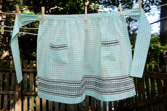 VTG 60's / Aqua Embroidered Gingham Check Cotton Hostess Half Apron / Ric Rack Accents