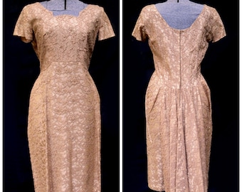 Vintage 50's 60's / A Normal Original / Sable Lace & Taffeta Party Prom Dress / S-M / Beading and Sequin Details