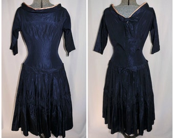 Vintage 1950's Navy Blue Satin Fit-Flare Cocktail Dress / with Peach Accents / Size Small / Self Petticoat