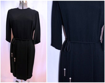 VTG 1960's  Black Day Evening Dress, Rayon Crepe / Size Med-Large, Lined with Metal Zipper / ILGWU Label, Self Belt, Chain Detail