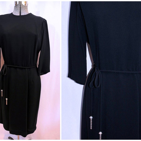 VTG 1960's  Black Day Evening Dress, Rayon Crepe / Size Med-Large, Lined with Metal Zipper / ILGWU Label, Self Belt, Chain Detail