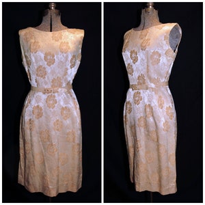 VTG 50&#39;s 60&#39;s / Ivory & Taupe Sateen Cocktail Sheath Dress / Self Belt / by Hy Lee / S-M