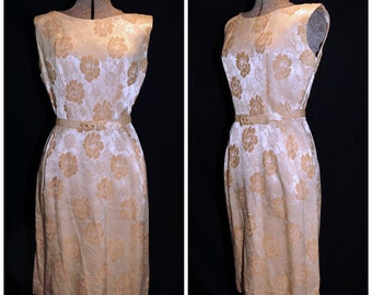 VTG 50&#39;s 60&#39;s / Ivory & Taupe Sateen Cocktail Sheath Dress / Self Belt / by Hy Lee / S-M