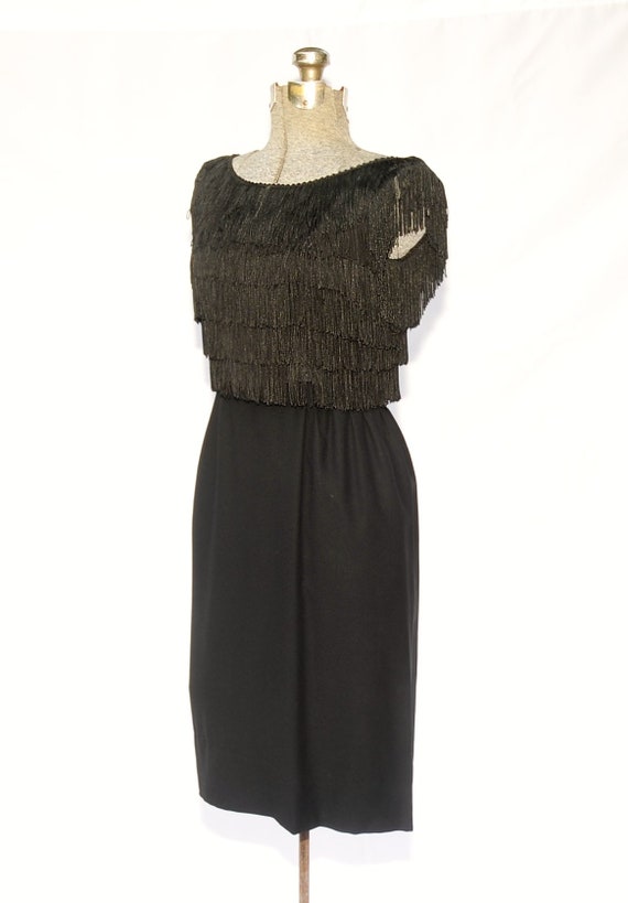 Vintage 50's / Sexy Black Crepe & Fringe Sleevele… - image 6