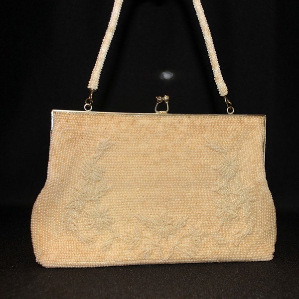 Vintage 40's 50's Ivory Beaded Evening Bag / Floral Clutch Purse / Silk Lined / Theater Costume